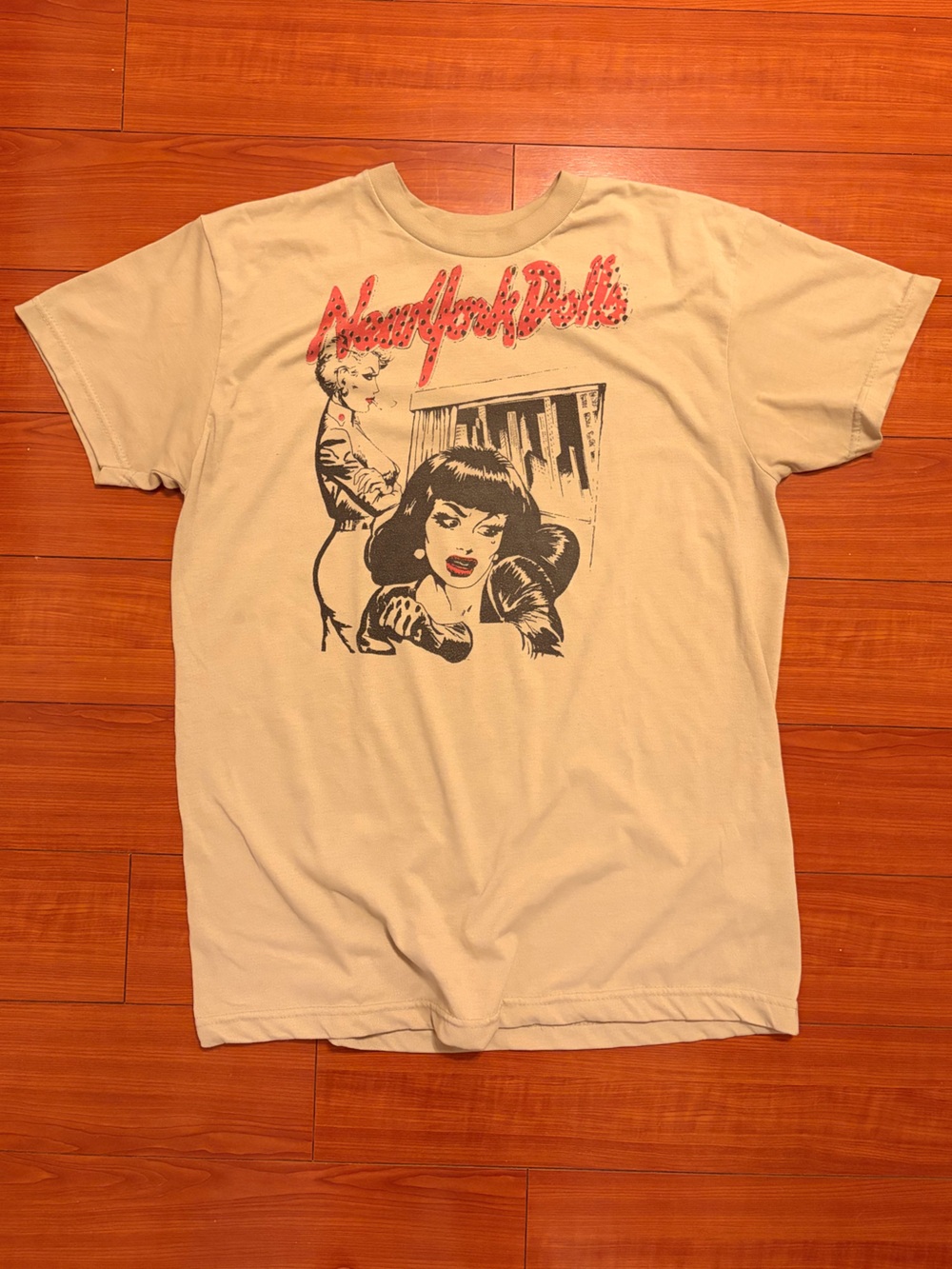 Vintage Beige New York Dolls Band Tee with Red Script and Black Illustration